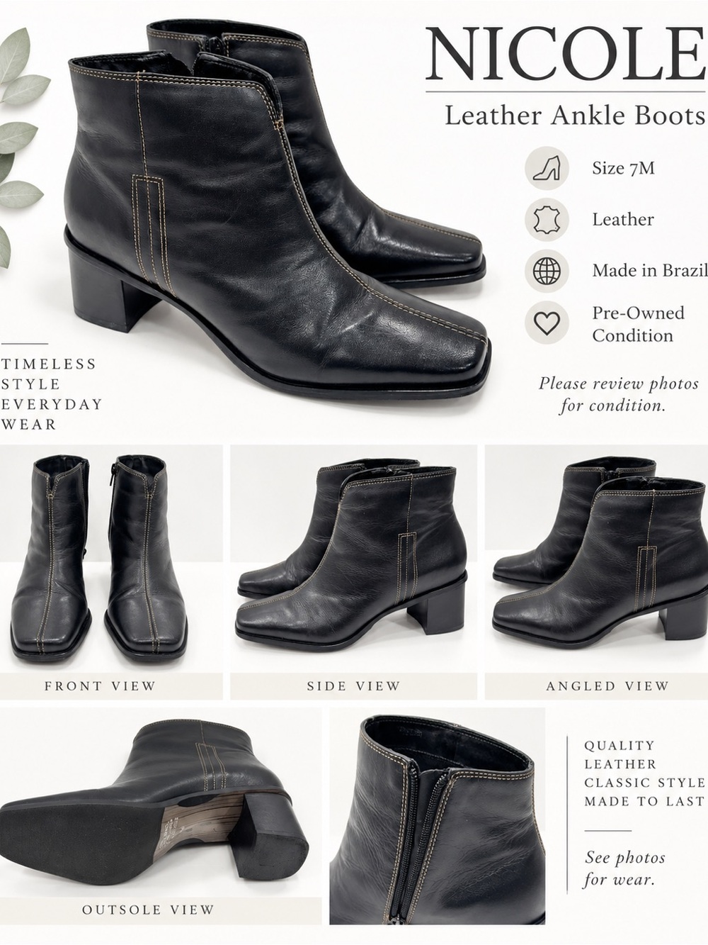 Nicole Black Leather Square-Toe Ankle Booties size 7 M